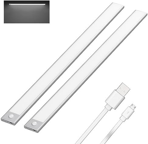 Klighten 2 Stück Schrankleuchten mit Bewegungsmelder, 60cm LED Nachtlicht mit 113 LED, USB Wiederaufladbar Batterie Küchenleuchte Schranklicht Unterbauleuchte, Auto/ON/OFF, Kaltes Weiß, Silber
