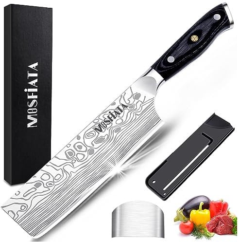 MOSFiATA 7” Chef's Knife, Japanese Meat Cleaver Kitchen Knife, Vegetable Cooking Knives Set, German High Carbon Stainless Steel with Ergonomic Handle, Finger Blade Guard Gifts for Women Men