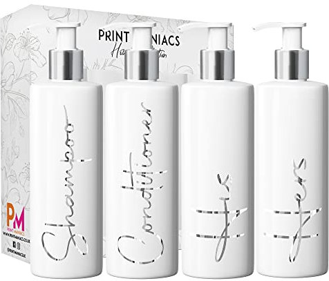 Print Maniacs White Mrs Hinch Inspired Personalised 500ml Pump Bottles Bathroom Lotion Kitchen Set Shampoo Conditioner (Set 4 His Her, F2 ) (Silver)