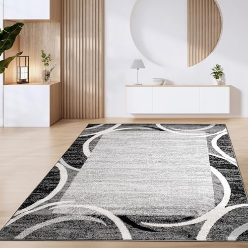 Paco Home Teppich Wohnzimmer Kurzflor Marokkanische Kreis Und Bordüren Muster Modern, Grösse:120x170 cm, Farbe:Grau 5