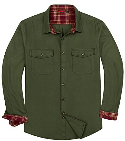 Alimens & Gentle Men's Solid Flannel Shirt Work Long Sleeve Casual Button Down Shirts Outdoor Cotton Warm Shacket, Green Army, Medium