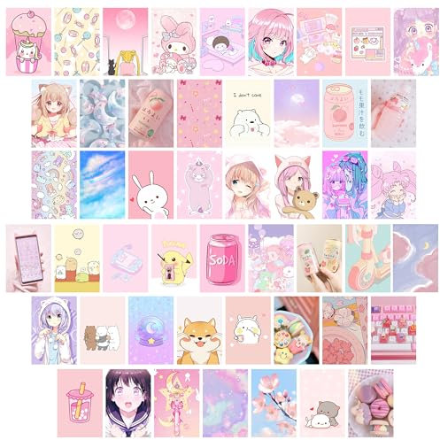 L1rabe 50 Stück Kawai Anime Ästhetisches Bild Wand Collage Kit, rosa Cartoon zusammengebautes Druckkarten-Set, Schulanfang, Wohnheim, Foto-Poster, Display, trendiger Stil, Mädchen, Geschenke