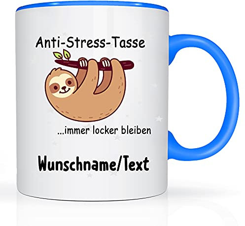 Print-Klex Tasse mit Namen und Anti Stress Motiv Bedruckt Namentasse Namensbecher mit Anti Stress Motiv Geschenktasse Weiß/Blau Kaffeebecher Spruchtasse Keramik mit Druck 330ml Tasse mit Text
