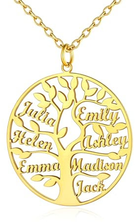 Custom4U Personalised 7 Name Family Necklace Gold Plated Tree of Life Name Pendant for Mother Grandmother