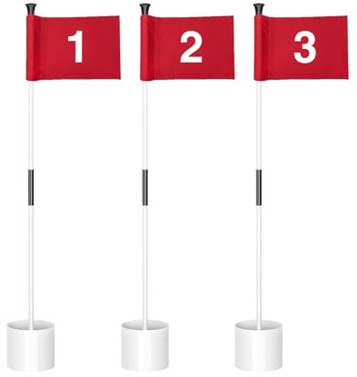 KINGTOP Miniature Golf Flagstick, Practice Putting Green Flags for Yard, Golf Pin Flag Hole Cup Set, 3ft White Flagpole, Indoor | Outdoor, Red Flag Numbered #1 2 3, 3-Pack