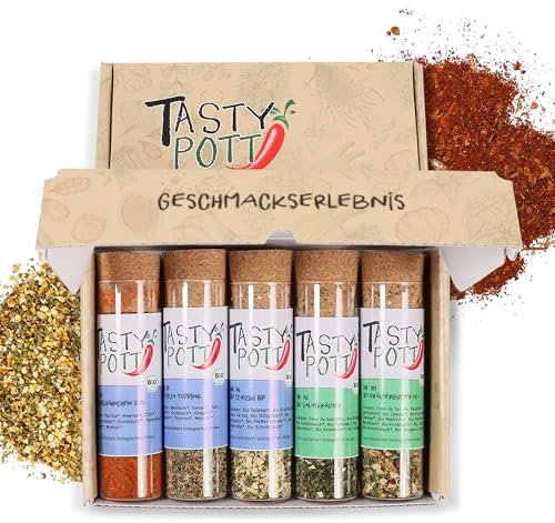 Tasty Pott Dank-Box I Bio Gewürze I Gewürz-Set I Geschenk Idee für Familie und Freunde I Gewürzmischungen I Gewürz im Glas I Geschenk Set (Gewürze der Welt, Viel Spaß und guten Hunger wünscht)