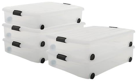 Iris Ohyama, Unterbett-Aufbewahrungsbox aus Kunststoff, 50 l, 5er-Set, CS-U800, transparent, stapelbar, Verschlussklammern – B75 x T55,5 x H16 cm