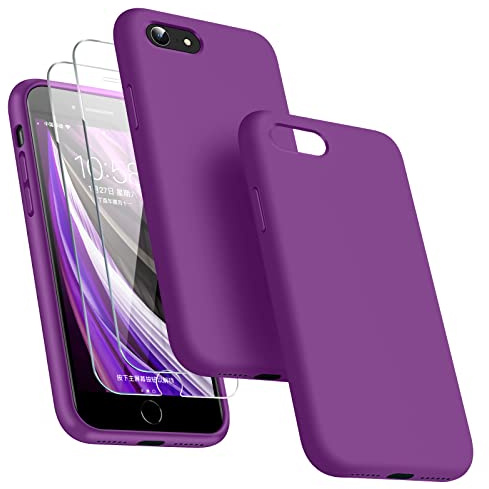 Dssairo [3-in-1 für iPhone SE Hülle 2022/3. / 2020/2. Gen, iPhone 7/8 Hülle, mit 2 Displayschutzfolien, flüssiges Silikon, ultradünn, stoßfest, Schutzhülle [Mikrofaser-Futter] (Violettrot)
