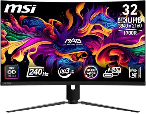 MSI MPG 321CURX QD-OLED Monitor Curvo Gaming da 32 UHD - 1700R, Pannello Quantum DOT OLED 3840 x 2160, 240Hz / 0,03ms, 99% DCI-P3, ΔE≤2, DisplayHDR True Black 400, DP 1.4a, HDMI 2.1, USB Type-C
