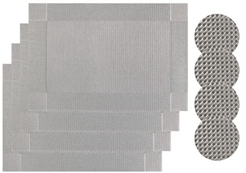 Famibay Placemats and Coasters Sets of 4 PVC Place Mats Washable Heat Resistant Table Mats and Coasters Sets for Kitchen Dining Restaurant Grey