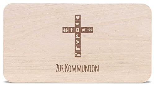 GRAVURZEILE Frühstücksbrettchen mit Gravur - Kommunion Kreuz - Brettchen aus Holz als Geschenk zur Kommunion für Mädchen & Jungen - 100% Buchenholz - 22.5 cm x 12.5 cm x 1 cm