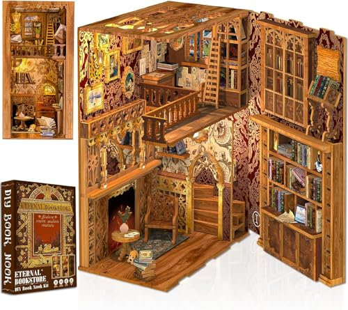 Cutefun DIY Book Nook - Kit per casa delle bambole in miniatura 3D, in legno, per libreria, con inserto per libreria, modello di costruzione, kit regalo creativo con luce (F Eternal Bookstore)