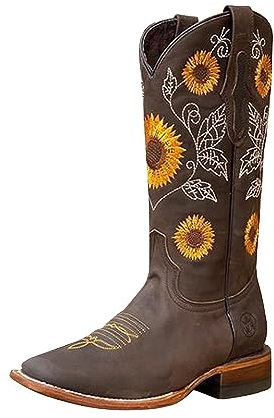 Higyee Stivali Da Cowboy Western Da Donna - Ricamati Girasole Con Tacco Alto | Stivali Da Cowgirl Retrò A Metà Polpaccio
