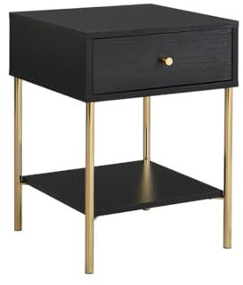Pascal Morabito-Nachttisch mit 1 Schublade - MDF & Metall - Schwarz & Goldfarben - MILAVIA