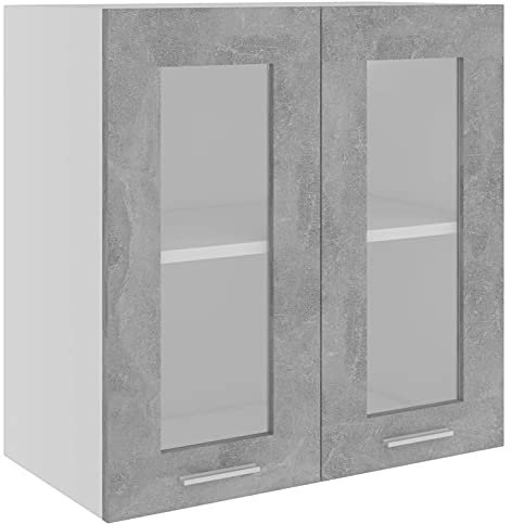 Gecheer Hanging Glass Wall Cabinet, Floating Kitchen Storage - Double Glass Doors with Shelf, Concrete Grey 60x31x60 cm Engineered Wood
