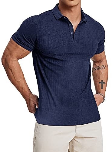 Muscle Cmdr Men's Cotton Muscle Polo Shirts Slim Fit Business Casual Tee Long&Short Sleeve Ribbed V Neck Shirt Blue 2XL
