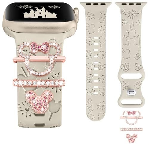 BEEXI Compatible with Apple Watch Strap (Strap Included) 41mm 40mm 38mm 42mm Women, Cute Engraved Silicone Strap Glitter Rings for iWatch Series 10 9 8 7 6 5 4 3 2 1 SE