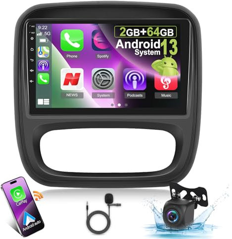 [2G+64G] Car Radio for Opel Vivaro B 2014-2018 and Renault Traffic 3 2014-2021, Android 13 Touch Screen Vivaro Stereo, Carplay/Android Auto/Bluetooth/WiFi + AHD Reverse Camera