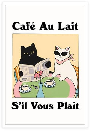 TRLZHOA Retro Un Cafe Sil Vous Plait Poster, trendig, einzigartig, Kaffeeliebhaber, Schilder, Kunst, französisches Café, Au Lait, Getränk, lustig, niedliche schwarze Katze, weiße Katze, Drucke für