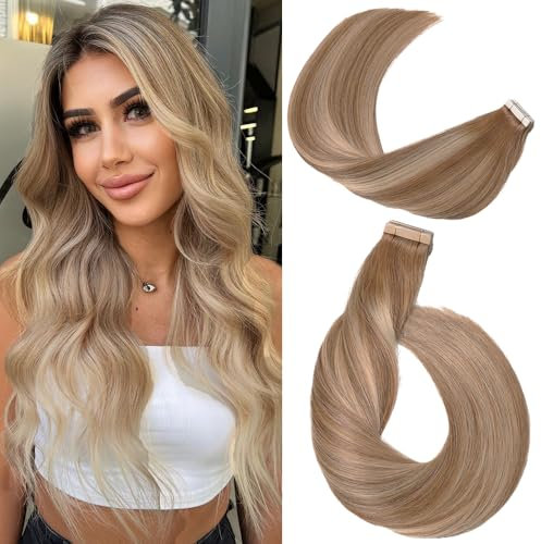 YDDM Tape In Extensions Echthaar 40pcs 45cm 80g Hellbraun mit Goldblond Invisible Tape Extensions Echthaar Extensions Tape Extensions Echthaar Skin Weft Haarverlängerung(18Zoll,10/10/22#)