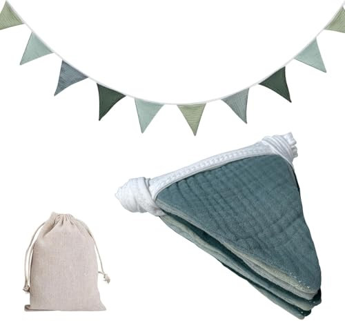Goldenland Wimpelkette Kinderzimmer, Stoff Wimpelkette, Wimpelkette Musselin Baumwolle, Girlande Kinderzimmer Deko, Babyzimmer deko Mädchen & Jungen für Hausbett, Babybett, Wanddeko (Morandi Grün)