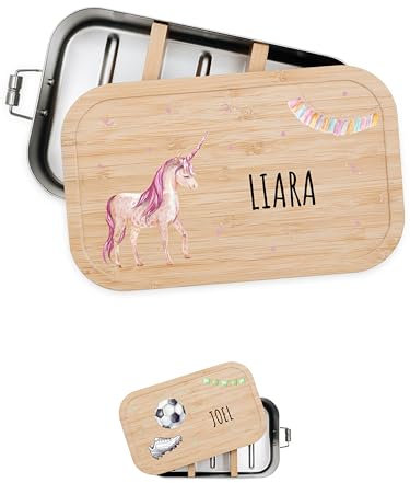 Bärenfreunde® - Personalisierte Brotdose für Kinder mit Spezial-Druck - Robuste Edelstahl Brotdose - Personalisierte Geschenke für Kinder & Erwachsene (Einhorn Girlande,klein Weißblech)