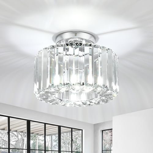 FORCOSO Kristall Deckenleuchte Ø245mm, Kronleuchter Chrom mit Metall Rahmen Lampenschirm, Sockel E27 Deckenlampe, Moderne Lampe für Schlafzimmer Wohnzimmer Flur Küche Esszimmer
