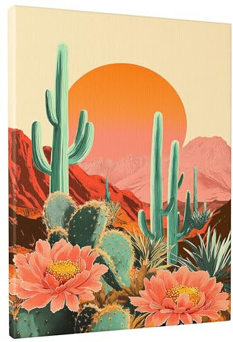 Kunstdruck auf Leinwand, Motiv Wüstensonnenuntergang, Kaktus, orange-grün, florale Berge, moderne Heimdekoration für Wohnzimmer, Schlafzimmer, Büro, ungerahmt, 20,3 x 30,5 cm