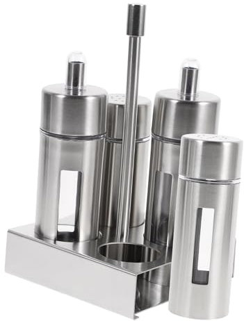 PRETYZOOM Ensemble De Contenants D'assaisonnement Acier Inoxydable 4 Pièces Support Amovible Bouteilles Transparentes Versables Cuisine Maison