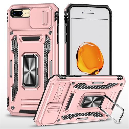 Compatible with iPhone 7 Plus/8 Plus, Heavy Duty Shockproof PC Case with Slide Camera Lens Cover Magnetic Kickstand Cover Case for iPhone 7 Plus/8 Plus-Rose Gold
