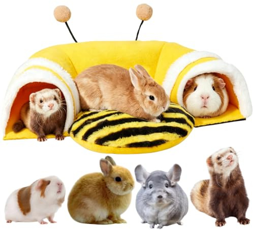 Copfeu Warm Rabbit Hideout Tunnel Bed, Cute Bee Shape, Soft Removable Guinea Pig Tunnels and Tubes for Cage, Sturdy Small Animal Tunnel for Rat, Hamster Hedgehog, Chinchilla