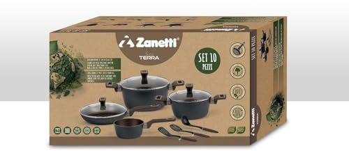 Zanetti Set 10 pz Linea terra, antiaderente, manico soft touch effetto legno, Casseruole cm 24 e 20 con coperchi in vetro, padella cm 26, 1Xmestolo,palafritto e schiumarola, adatto anche per induzione