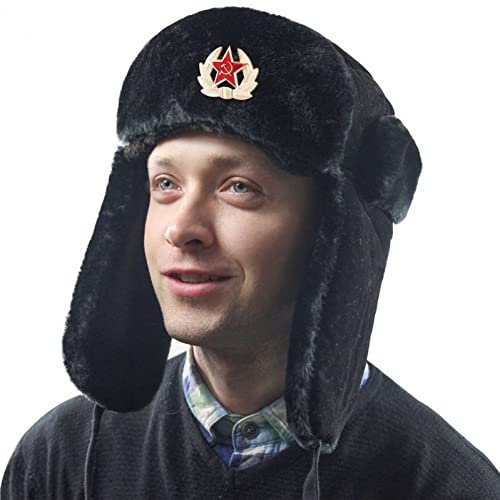 Keuyeo Sowjetisches Militärabzeichen, Russische Uschanka-bombermütze, Pilotenmütze, Kunstkaninchen-wintermütze Fell-ohrenschützern, Schneemütze, Radmütze, Skimütze Für Den Winter