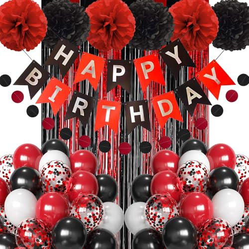 Geburtstagsdeko Rot Schwarz, Geburtstag Party Deko Schwarz Rot Luftballons, Happy Birthday Banner, Lametta Vorhang, Pompons für Kindergeburtstag Deko Männer Frauen 18-60.Geburtstag Party Dekoration