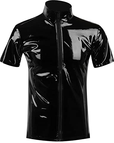 RUMAOZIA Herren Lack-Optik Jacke Kurze Mantel Wetlook Oberteile Männer Kunstleder Hemd T-Shirt Slim Fit Latex Glänzend Tops Party Outwear Lack-Optik Oberteile Kurzarmshirts Kunstleder Lederjacke