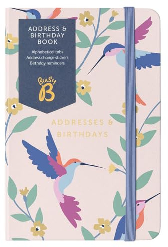 Busy B Address & Birthday Book - Birds Design Cover | Keep contacts organised with alphabetical tabs, birthday reminders, address stickers, pocket and elastic closure.