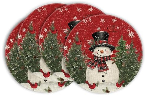Platzsets Weihnachten Rund 35 cm – 6er Set Weihnachtstischset, Waschbar & Pflegeleicht, Abwaschbare Platzdeckchen für Küche, Esstisch, Party & Festliche Deko (Schneemann)