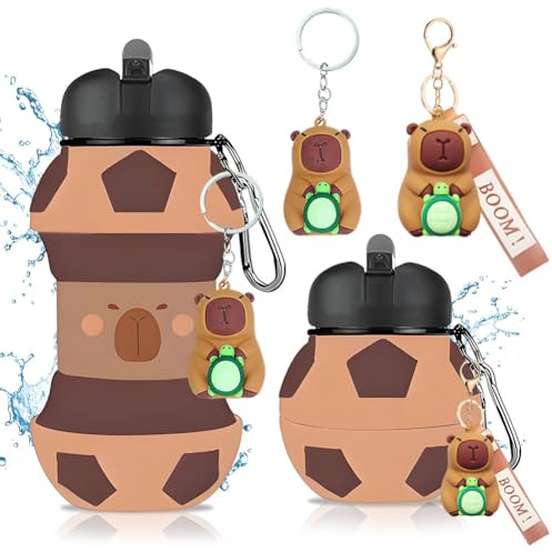 GlibberToy Football drinking bottle for children, Capybara silicone water bottle with carabiner hook Capybara key ring Keychain 550ml Cute Animal Sport Foldable drinking cup for boys Children