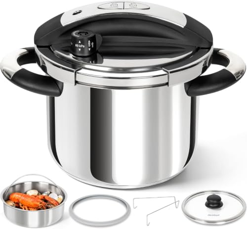 MICHELANGELO Stainless Steel Pressure Cooker 6L, 3-in-1 Pressure Cooker | 6L 304 stainless steel stovetop pressure cooker with one-hand lock, steamer set, glass lid and four safety features.