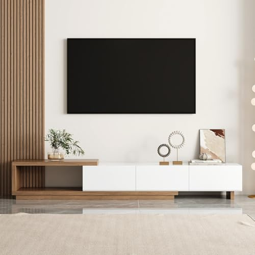 Homary Extendable TV Unit, Modern TV Stand with 3 Drawers for TVs up to 80 Inch, Adjustable Entertainment Unit in Premium MDF for Living Room Storage (White & Walnut, 1790mmW × 375mmD ×400mmH)