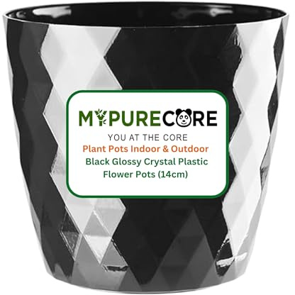 MYPURECORE Plant Pots Indoor 14cm – Stylish Decorative Plastic Flower Pot with Glossy Crystal Surface – Durable Indoor & Outdoor Planter for House Plants, Herbs (Black, 14 cm)