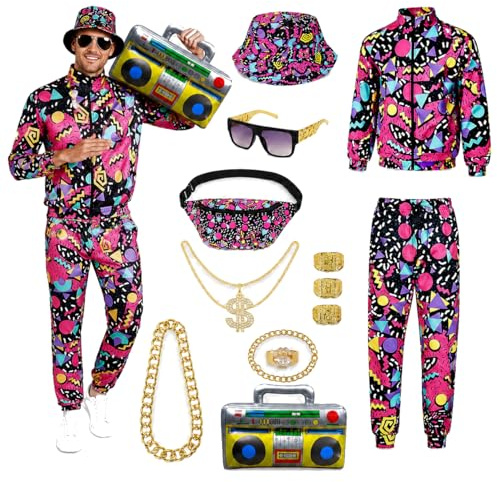 13-teiliges 80er 90er Jahre Outfit Herren, Retro Trainingsanzug Kostüm Set | Komplettes Bad-Taste-Kostüm mit Ghettoblaster, Bauchtasche, Schmuck & Brille für Karneval, JGA, Mottoparty & Schlagermove