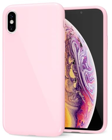LoeoeL for iPhone X/XS Phone Case Liquid Silicone, Cute Girly Thin Ultra Slim Jelly Soft Rubber Gel Protective Glossy Hard Plastic Case, Plain Solid Color Cover for Women Girl, Light Pink