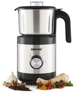 Geepas Coffee Grinder Food Processor 450W Electric Wet & Dry Grinder Coffee Mill Stainless Steel Jar & Blades for Coffee Spice Spices Chutney, 2 Speed Pulse - Detachable Bowl, 800ML Silver (Renewed)