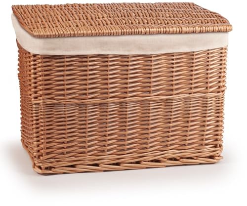 woodluv Storage Basket Trunk Chest, Woven Storage Basket with Lid, Storage organiser, Basket Storage Bedding, Blanket & Toy Box, Medium