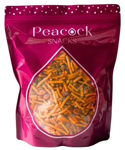 Peacock Snacks Spicy Bombay Mix Share Bag | 450 Grams | Crunchy Indian Snack Mix with Peanuts, Lentils & Noodles | Vegetarian Bold Spiced Savoury Snack | Resealable Bag Perfect for Sharing