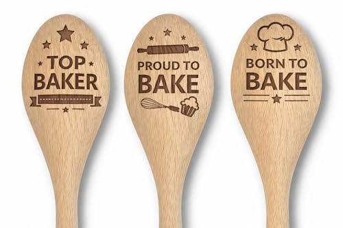 Wooden Baking Spoons Set with Engraved Designs, Top Baker, Proud to Bake, Born to Bake, Cooking Competition Prize Gift (Set of 3)