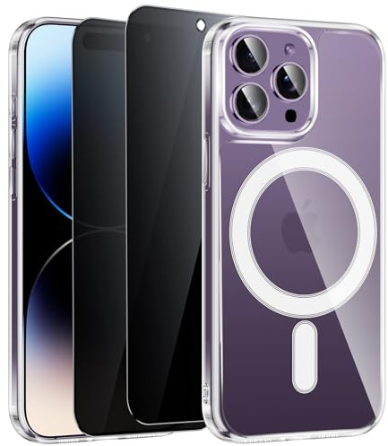 Niokfrci Magnetica Cover per iPhone 14 Pro Max Custodia e 2 Pezzi Privacy Pellicola Vetro Temperato, Compatibile con MagSafe, Trasparente TPU Silicone Antiurto Case per iPhone 14 Pro Max