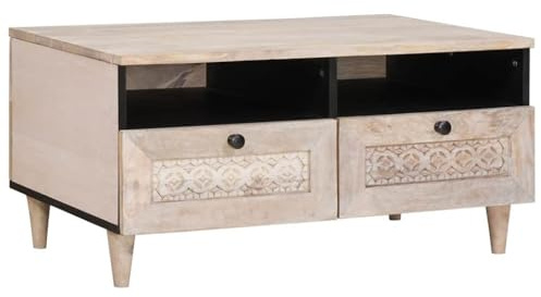 PHGTYUK Couchtisch mit Regal Weiß 80 x 54 x 40 cm aus Massivholz Akazie und praktischer Schublade für Stauraum, Couchtisch mit modernem minimalistischen Design für das Wohnzimmer