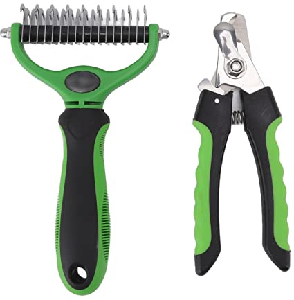 Pet Undercoat Rake Double Sided Deshedding Comb with Nail Clipper, Stainless Steel Grooming Kit for Dogs Cats Rabbits, Ergonomic Handle for Long Dense Fur